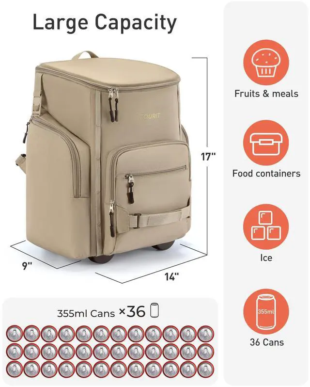 Alt view image 6 of 7 - Rolling Cooler Backpack: Leakproof Waterproof Insulated 36 Cans Beach Cooler with Wheels and Handle Outdoor Camping Picnic Travel Black