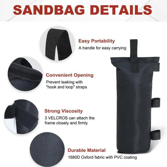 Alt view image 2 of 7 - Canopy Weights Set of 4-120LBS Sand Bags Upgraded for Pop up Tent, Weight Bags for Outdoor Gazebo, Trampoline, Pergola, Black (Without Sand)