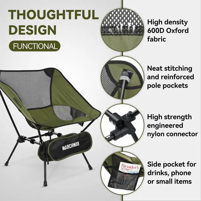 Alt view image 2 of 5 - Ultralight Folding Camping Chair, Heavy Duty Portable Compact for Outdoor Camp, Travel, Beach, Picnic, Festival, Hiking, Lightweight Backpacking (Green)