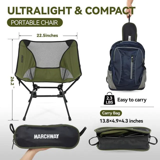 Alt view image 3 of 5 - Ultralight Folding Camping Chair, Heavy Duty Portable Compact for Outdoor Camp, Travel, Beach, Picnic, Festival, Hiking, Lightweight Backpacking (Green)