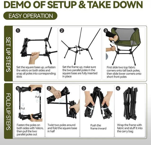 Alt view image 4 of 5 - Ultralight Folding Camping Chair, Heavy Duty Portable Compact for Outdoor Camp, Travel, Beach, Picnic, Festival, Hiking, Lightweight Backpacking (Green)
