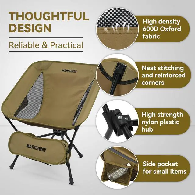 Alt view image 3 of 7 - Lightweight Folding Camping Chair, Portable Foldable Compact for Outdoor Camp, Travel, Beach, Picnic, Festival, Hiking, Backpacking, Supports 330Lbs (Khaki)