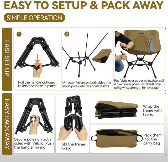 Alt view image 5 of 7 - Lightweight Folding Camping Chair, Portable Foldable Compact for Outdoor Camp, Travel, Beach, Picnic, Festival, Hiking, Backpacking, Supports 330Lbs (Khaki)