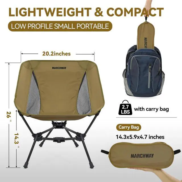 Alt view image 4 of 7 - Lightweight Folding Camping Chair, Portable Foldable Compact for Outdoor Camp, Travel, Beach, Picnic, Festival, Hiking, Backpacking, Supports 330Lbs (Khaki)
