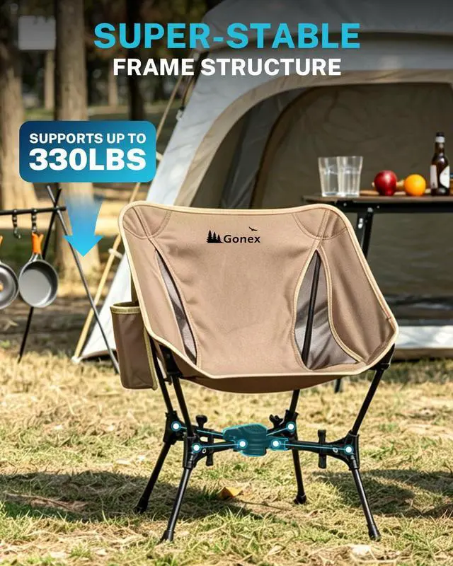 Alt view image 4 of 7 - Portable Camping Chair, The 5th Gen Ultralight Compact Backpacking Foldable Lightweight Folding Chair for Outdoor Camp Hiking Beach Picnic Concert, Supports 330lbs (Khaki, 1 PCS)