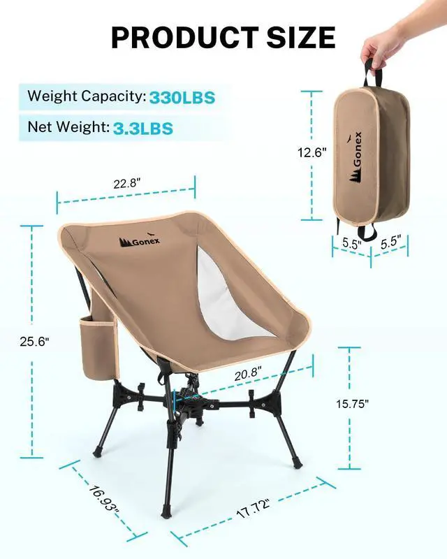 Alt view image 7 of 7 - Portable Camping Chair, The 5th Gen Ultralight Compact Backpacking Foldable Lightweight Folding Chair for Outdoor Camp Hiking Beach Picnic Concert, Supports 330lbs (Khaki, 1 PCS)