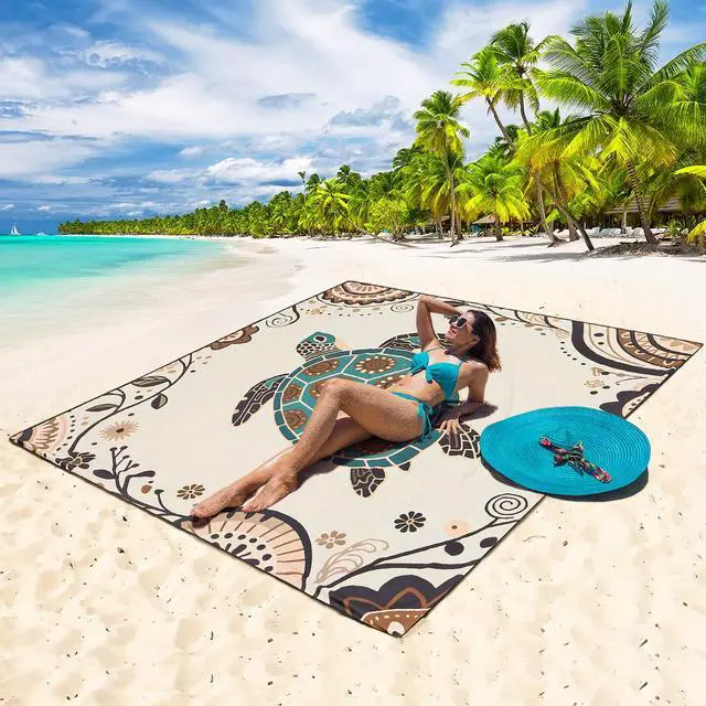 Alt view image 4 of 6 - Beach Blanket Waterproof Sandproof Beach Mat 79" X 83"/10'x9'for 2-8 Adults Quick Drying Outdoor Picnic Mat Beach Accessories for Travel, Camping, Hiking