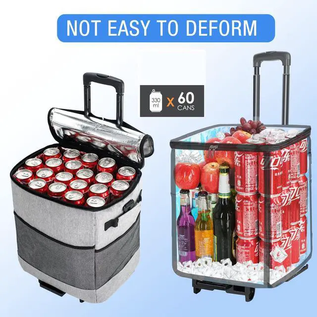 Alt view image 2 of 7 - Collapsible Large Rolling Cooler 60-Cans,Leakproof 3-in-1 Insulated Soft Coolerwith Wheels Bag,Adjustable Wheels&Handle, Rolling Cooler Cart for Beach Camping Travel Outdoor Hot Takeout Orders