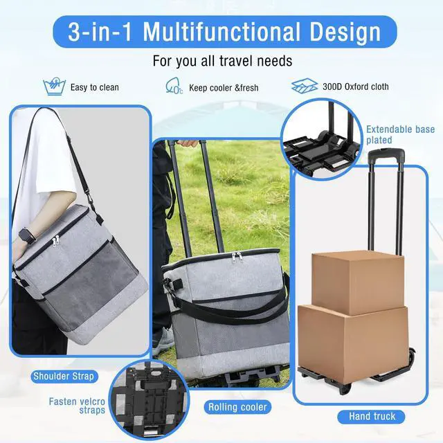 Alt view image 3 of 7 - Collapsible Large Rolling Cooler 60-Cans,Leakproof 3-in-1 Insulated Soft Coolerwith Wheels Bag,Adjustable Wheels&Handle, Rolling Cooler Cart for Beach Camping Travel Outdoor Hot Takeout Orders