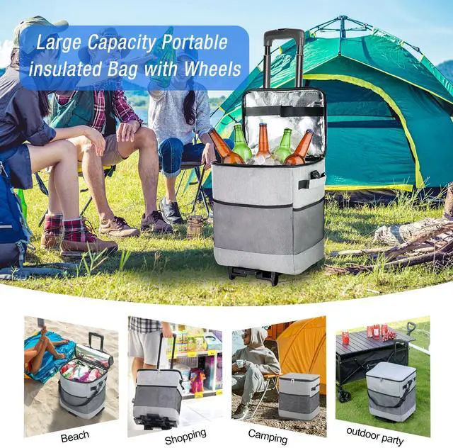 Alt view image 6 of 7 - Collapsible Large Rolling Cooler 60-Cans,Leakproof 3-in-1 Insulated Soft Coolerwith Wheels Bag,Adjustable Wheels&Handle, Rolling Cooler Cart for Beach Camping Travel Outdoor Hot Takeout Orders