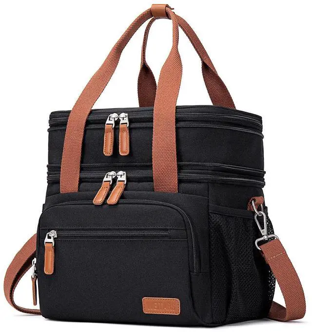 Main image of Lunch Bag For Women Men-Dual Compartment Large Lunch Box For Men Adult Lunch Box For Nurse Office Working Picnic Hiking (15L, Black/kahki)