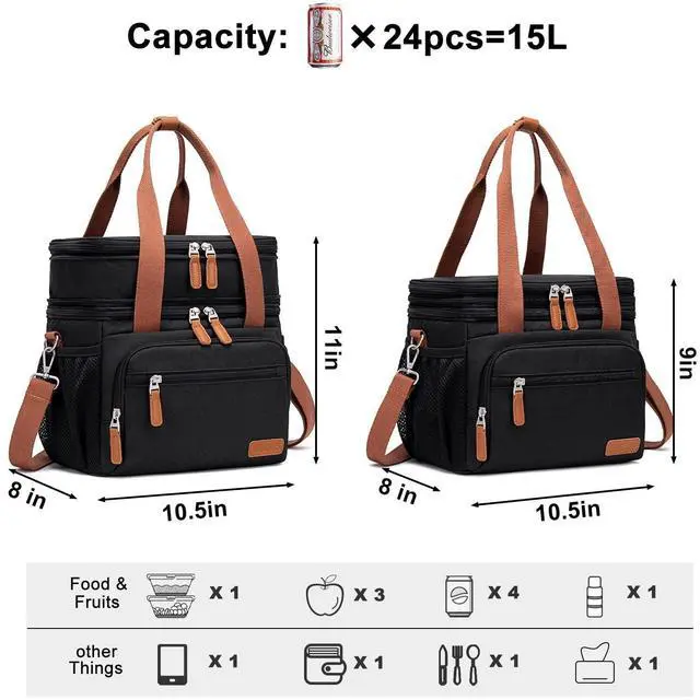 Alt view image 3 of 7 - Lunch Bag For Women Men-Dual Compartment Large Lunch Box For Men Adult Lunch Box For Nurse Office Working Picnic Hiking (15L, Black/kahki)