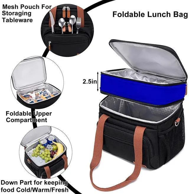 Alt view image 4 of 7 - Lunch Bag For Women Men-Dual Compartment Large Lunch Box For Men Adult Lunch Box For Nurse Office Working Picnic Hiking (15L, Black/kahki)