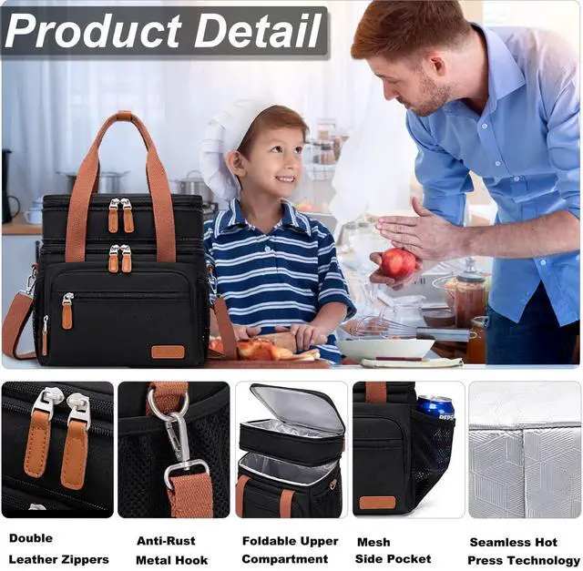 Alt view image 5 of 7 - Lunch Bag For Women Men-Dual Compartment Large Lunch Box For Men Adult Lunch Box For Nurse Office Working Picnic Hiking (15L, Black/kahki)