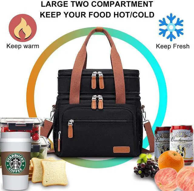 Alt view image 7 of 7 - Lunch Bag For Women Men-Dual Compartment Large Lunch Box For Men Adult Lunch Box For Nurse Office Working Picnic Hiking (15L, Black/kahki)