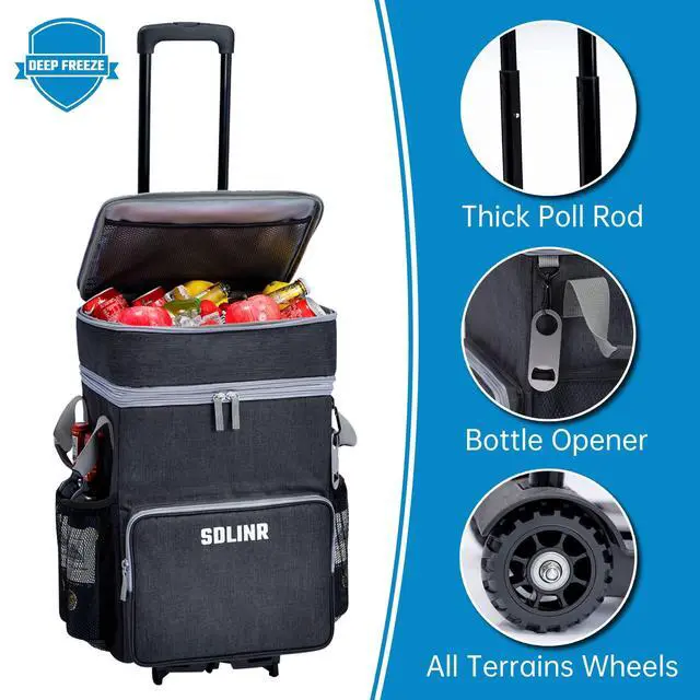 Alt view image 4 of 6 - 72-Can Large Rolling Cooler, Leakproof Insulated Soft Cooler Bag with Wheels and Handle Collapsible for Beach Camping Patio Travel Outdoor