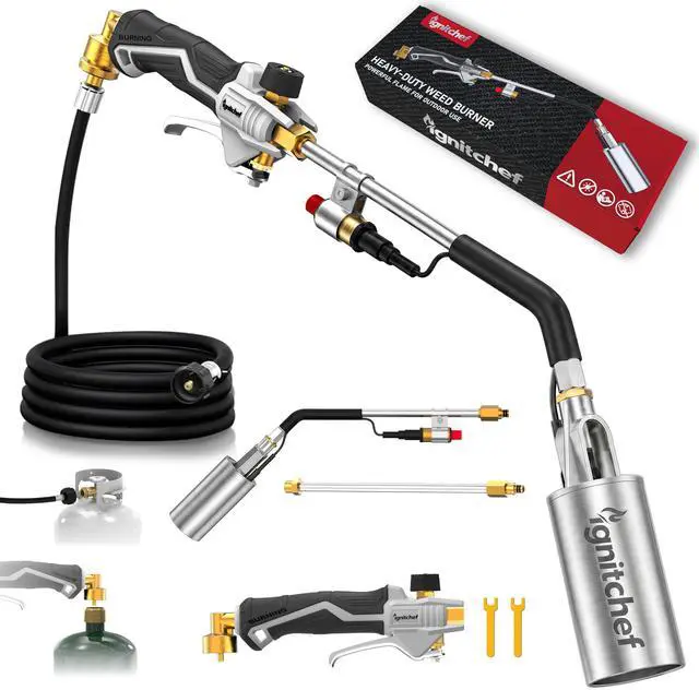 Main image of Propane Torch Weed Burner Heavy Duty-340,000 BTU Weed Torch with 2 Extension Modes, Piezo Trigger(Self Igniting)&12.5ft Hose, Multi-Fuel Compatible(1lb-100lb) for Weeds, Ice Melting, Roofing