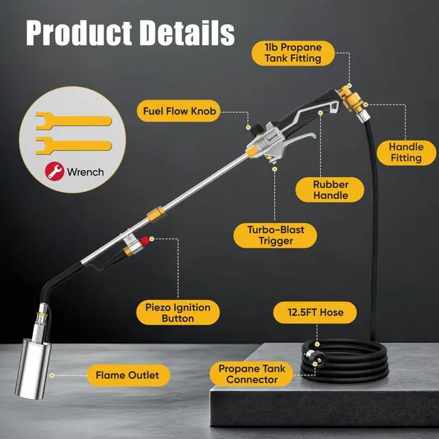 Alt view image 4 of 7 - Propane Torch Weed Burner Heavy Duty-340,000 BTU Weed Torch with 2 Extension Modes, Piezo Trigger(Self Igniting)&12.5ft Hose, Multi-Fuel Compatible(1lb-100lb) for Weeds, Ice Melting, Roofing