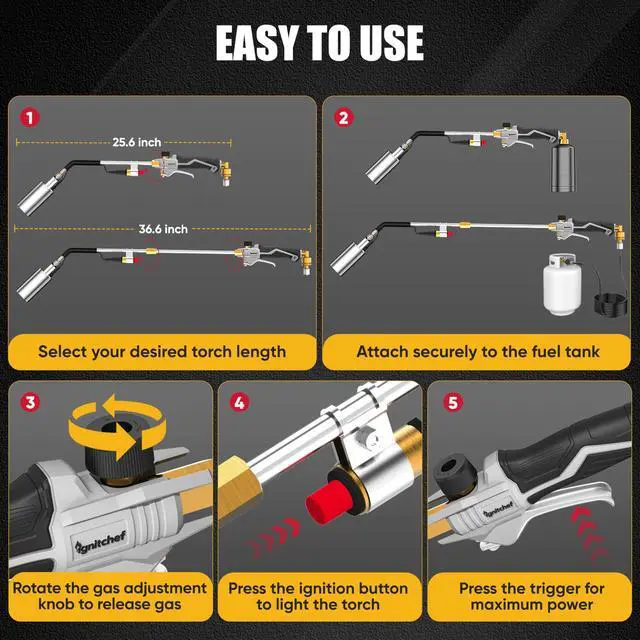 Alt view image 5 of 7 - Propane Torch Weed Burner Heavy Duty-340,000 BTU Weed Torch with 2 Extension Modes, Piezo Trigger(Self Igniting)&12.5ft Hose, Multi-Fuel Compatible(1lb-100lb) for Weeds, Ice Melting, Roofing