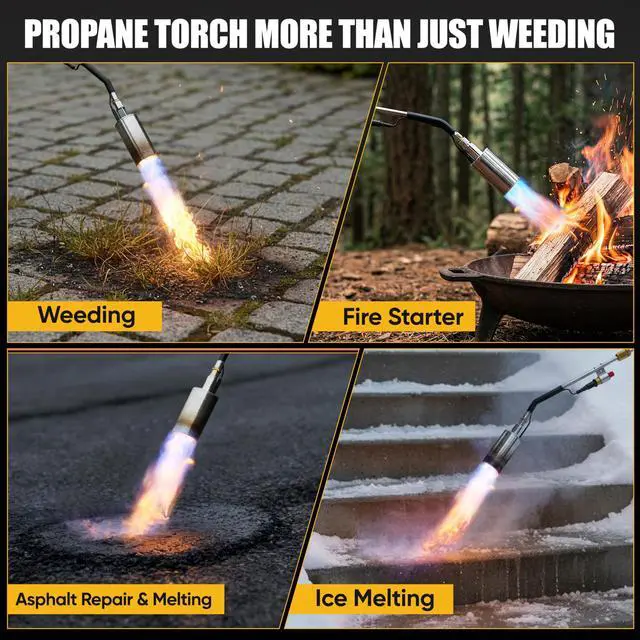 Alt view image 6 of 7 - Propane Torch Weed Burner Heavy Duty-340,000 BTU Weed Torch with 2 Extension Modes, Piezo Trigger(Self Igniting)&12.5ft Hose, Multi-Fuel Compatible(1lb-100lb) for Weeds, Ice Melting, Roofing