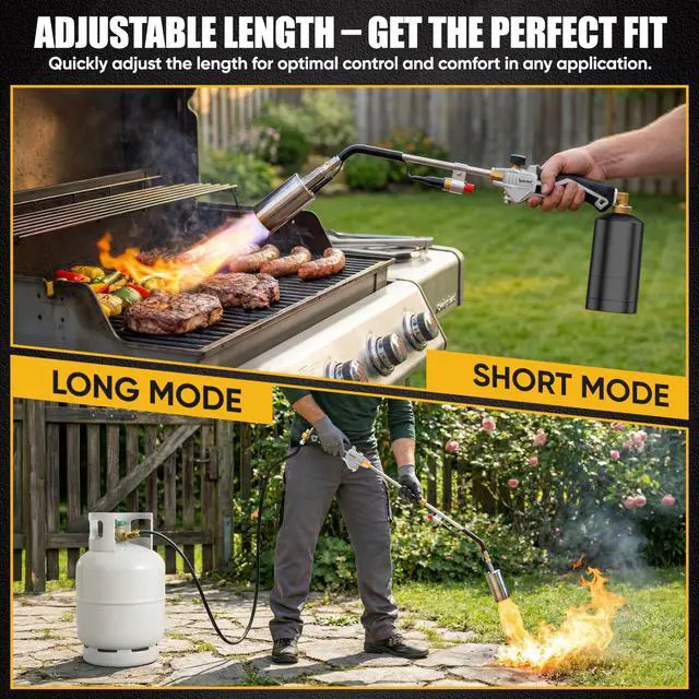 Alt view image 7 of 7 - Propane Torch Weed Burner Heavy Duty-340,000 BTU Weed Torch with 2 Extension Modes, Piezo Trigger(Self Igniting)&12.5ft Hose, Multi-Fuel Compatible(1lb-100lb) for Weeds, Ice Melting, Roofing