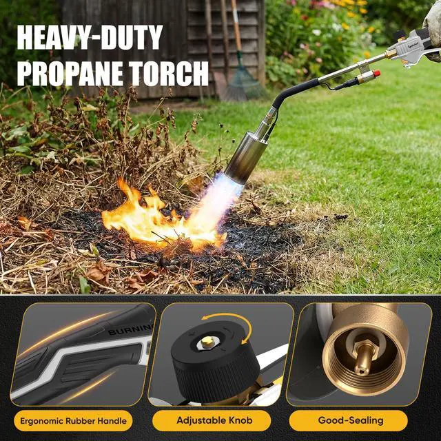 Alt view image 3 of 7 - Propane Torch Weed Burner Heavy Duty-340,000 BTU Weed Torch with 2 Extension Modes, Piezo Trigger(Self Igniting)&12.5ft Hose, Multi-Fuel Compatible(1lb-100lb) for Weeds, Ice Melting, Roofing