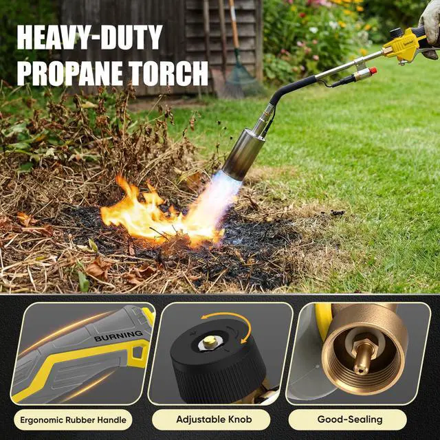 Alt view image 3 of 7 - Propane Torch Weed Torch Burner Heavy Duty-340,000 BTU Weed Burner with 2 Extension Modes, Piezo Trigger(Self Igniting)&12.5ft Hose, Multi-Fuel Compatible(1lb-100lb) for Weeds, Ice Melting