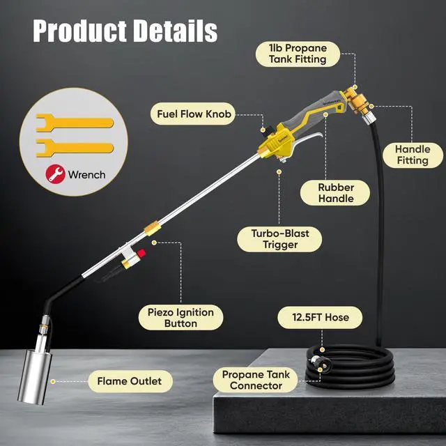 Alt view image 4 of 7 - Propane Torch Weed Torch Burner Heavy Duty-340,000 BTU Weed Burner with 2 Extension Modes, Piezo Trigger(Self Igniting)&12.5ft Hose, Multi-Fuel Compatible(1lb-100lb) for Weeds, Ice Melting
