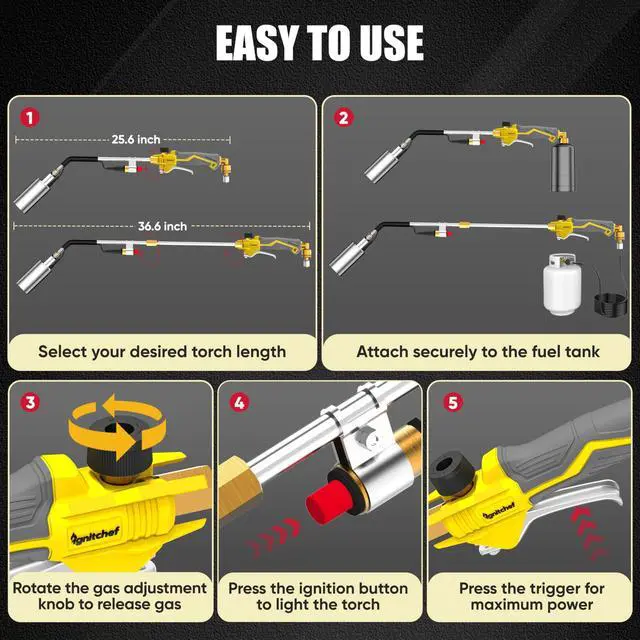 Alt view image 5 of 7 - Propane Torch Weed Torch Burner Heavy Duty-340,000 BTU Weed Burner with 2 Extension Modes, Piezo Trigger(Self Igniting)&12.5ft Hose, Multi-Fuel Compatible(1lb-100lb) for Weeds, Ice Melting
