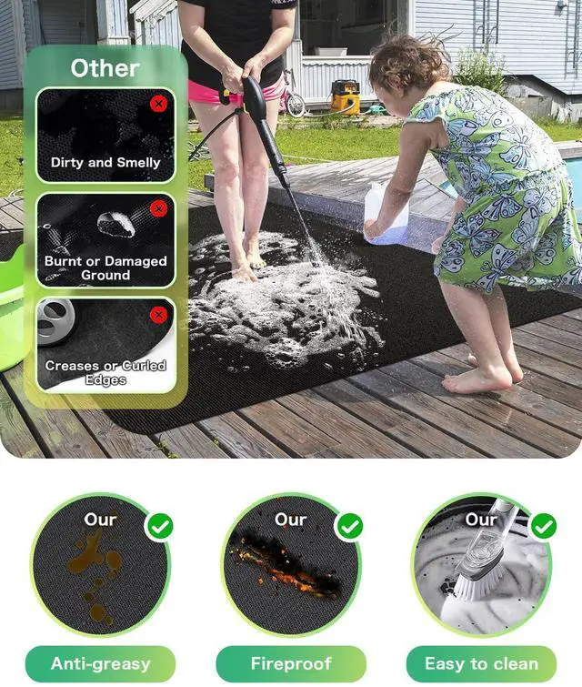 Alt view image 5 of 7 - Large 76 x 52 inches Under Grill Mats for Outdoor Grill | Double-Sided Fireproof | Waterproof | Oil-Proof | Easy to Clean | Indoor Fireplace/Fire Pit Mat | Quality BBQ Mat for Deck Patio Lawn