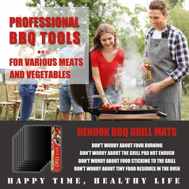 Alt view image 2 of 7 - Grill Mat Set of 6-100% Non-Stick Reusable Mats for Gas, Charcoal or Electric Grills - Easy to Clean - 15.75 x 13-Inch, Black