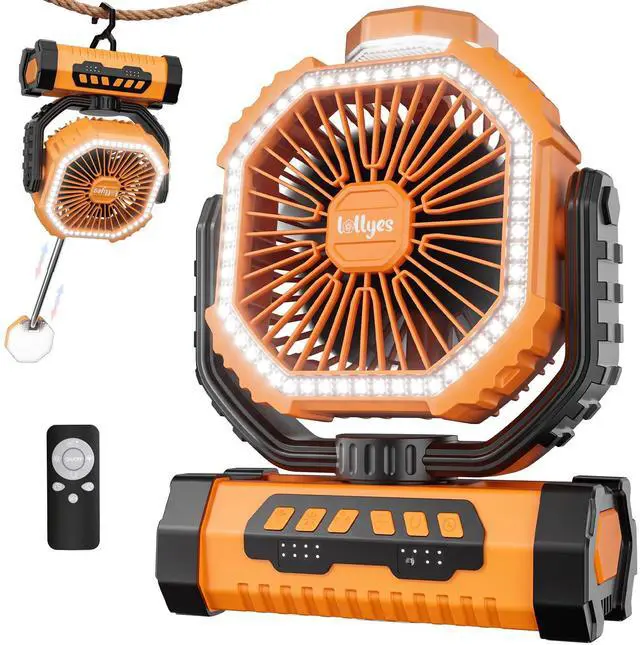Main image of Portable Fan, AI Outdoor Rechargeable Camping Fan with Light, 20000mAh Battery Powered, 360° Rotating Hook, 4 Speeds for Indoor, Traveling, Tenting, RVing, Fishing, Beach (Orange)