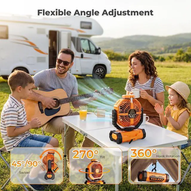 Alt view image 4 of 7 - Portable Fan, AI Outdoor Rechargeable Camping Fan with Light, 20000mAh Battery Powered, 360° Rotating Hook, 4 Speeds for Indoor, Traveling, Tenting, RVing, Fishing, Beach (Orange)