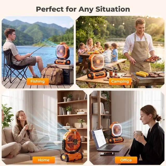 Alt view image 7 of 7 - Portable Fan, AI Outdoor Rechargeable Camping Fan with Light, 20000mAh Battery Powered, 360° Rotating Hook, 4 Speeds for Indoor, Traveling, Tenting, RVing, Fishing, Beach (Orange)