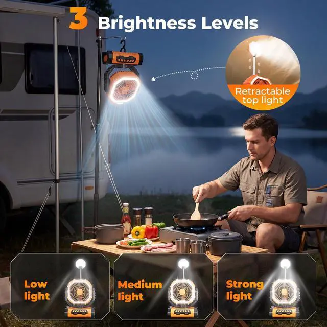 Alt view image 2 of 7 - Portable Fan, AI Outdoor Rechargeable Camping Fan with Light, 20000mAh Battery Powered, 360° Rotating Hook, 4 Speeds for Indoor, Traveling, Tenting, RVing, Fishing, Beach (Orange)
