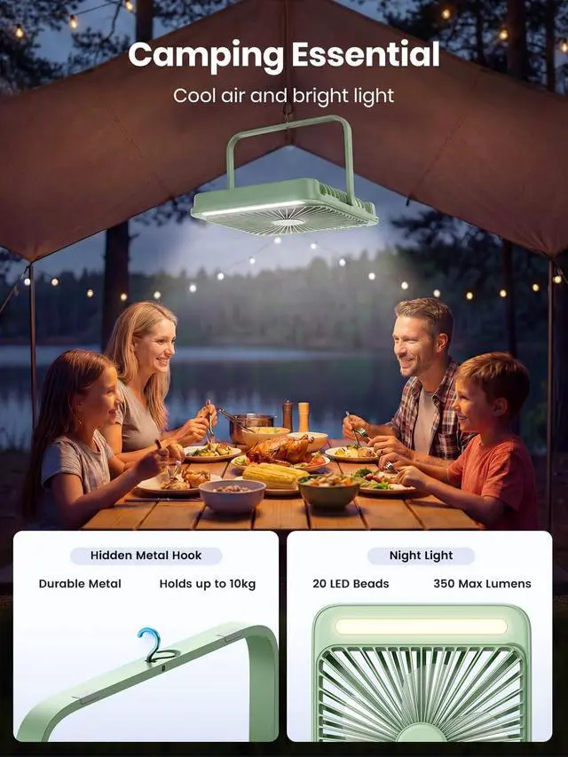 Alt view image 3 of 7 - 20000mAh Battery Powered Fan, 8-Inch Ultra-Slim Portable Camping Fan with LED Lantern, Up to 48H Runtime Rechargeable Desk Fan for Bedroom, Outdoor, Tent, Travel, Cruise Ship Essentials