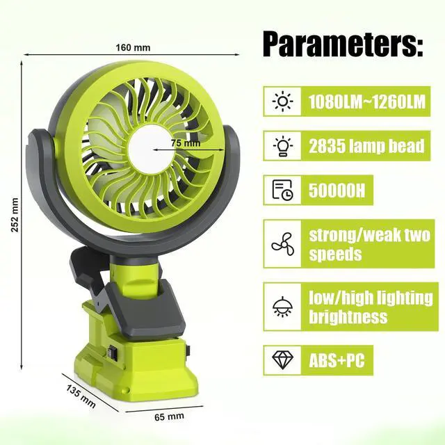 Alt view image 2 of 7 - Battery Powered Fan for Ryobi 18v Battery, Cordless Portable Camping Fan, Clip Fans with LED Light & 210° Adjustable, for Jobsite Tent Travel Fishing Outdoor (No Battery)