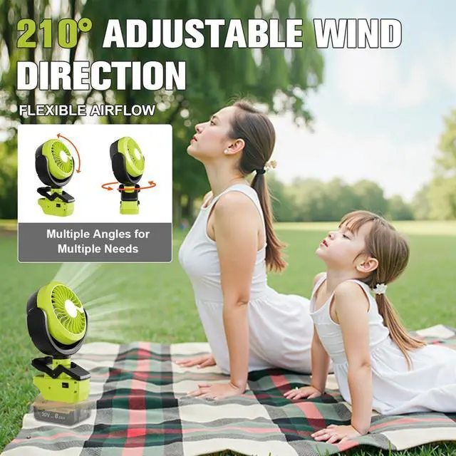 Alt view image 3 of 7 - Battery Powered Fan for Ryobi 18v Battery, Cordless Portable Camping Fan, Clip Fans with LED Light & 210° Adjustable, for Jobsite Tent Travel Fishing Outdoor (No Battery)