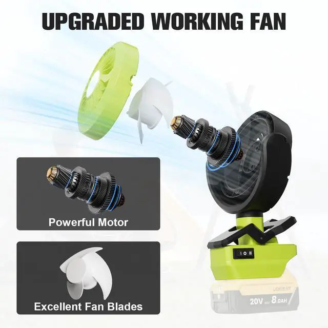 Alt view image 5 of 7 - Battery Powered Fan for Ryobi 18v Battery, Cordless Portable Camping Fan, Clip Fans with LED Light & 210° Adjustable, for Jobsite Tent Travel Fishing Outdoor (No Battery)