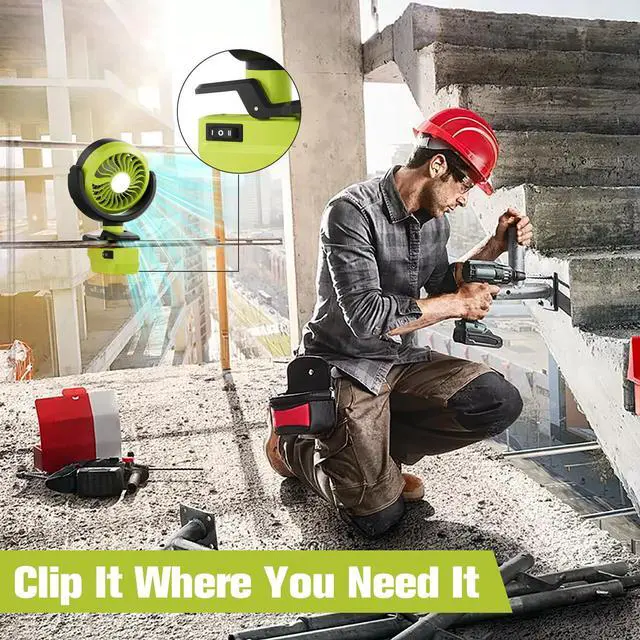 Alt view image 7 of 7 - Battery Powered Fan for Ryobi 18v Battery, Cordless Portable Camping Fan, Clip Fans with LED Light & 210° Adjustable, for Jobsite Tent Travel Fishing Outdoor (No Battery)