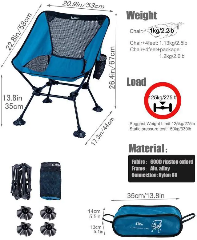 Alt view image 6 of 7 - Ultralight Compact Camping Folding Beach Chair with Anti-Sinking Large Feet and Back Support Webbing (Blue - Square Frame)