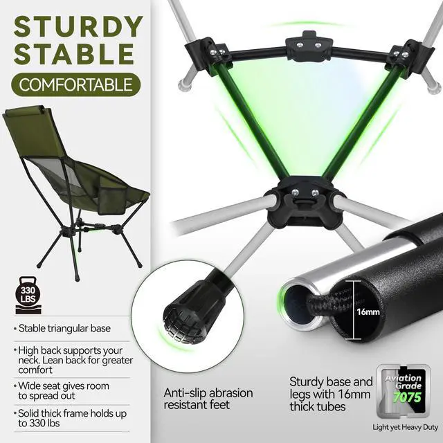 Alt view image 2 of 7 - Lightweight Folding High Back Camping Chair with Head Support, Stable Portable Compact for Outdoor Camp, Travel, Beach, Picnic, Festival, Hiking, Backpacking (Highback Green)
