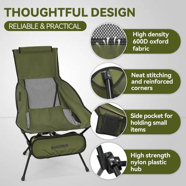 Alt view image 3 of 7 - Lightweight Folding High Back Camping Chair with Head Support, Stable Portable Compact for Outdoor Camp, Travel, Beach, Picnic, Festival, Hiking, Backpacking (Highback Green)