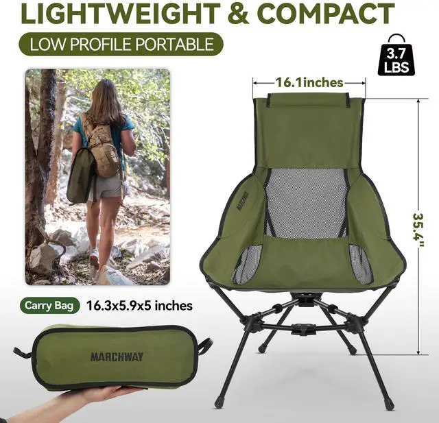 Alt view image 4 of 7 - Lightweight Folding High Back Camping Chair with Head Support, Stable Portable Compact for Outdoor Camp, Travel, Beach, Picnic, Festival, Hiking, Backpacking (Highback Green)