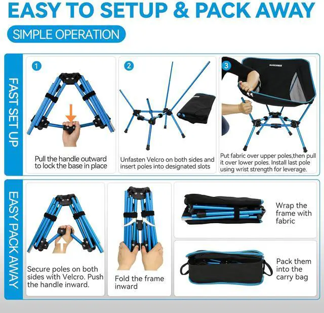 Alt view image 5 of 7 - Lightweight Folding Camping Chair, Portable Foldable Compact for Outdoor Camp, Travel, Beach, Picnic, Festival, Hiking, Backpacking, Supports 330Lbs (Blue)