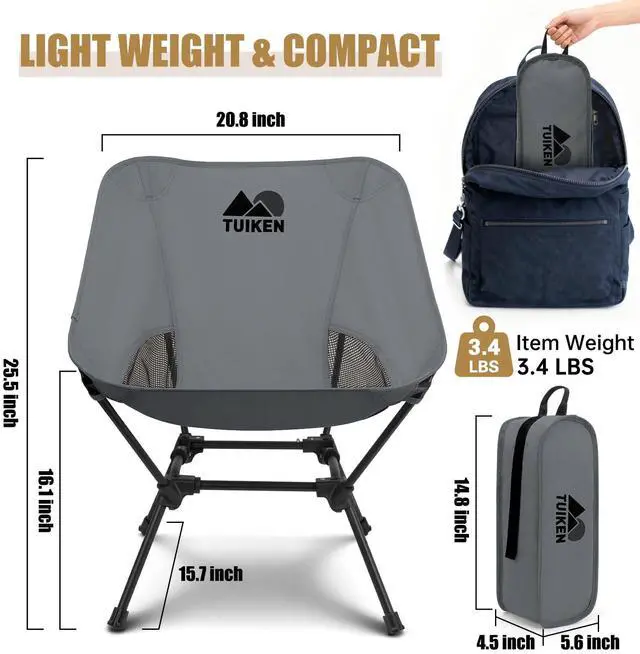 Alt view image 2 of 6 - Ultralight Camping Chair Backpacking Chair, Portable Camp Chair with Cup Holder & Storage Bag, Lightweight Compact Folding Chair for Hiking, Travel, Picnic Mountaineering-Grey