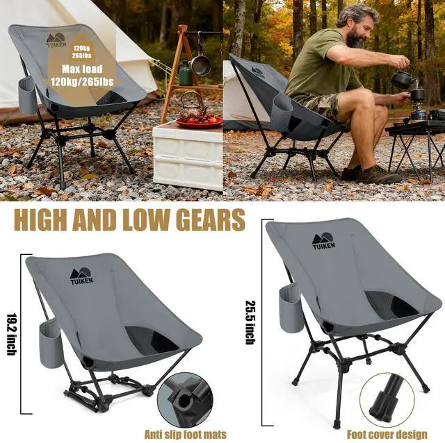 Alt view image 3 of 6 - Ultralight Camping Chair Backpacking Chair, Portable Camp Chair with Cup Holder & Storage Bag, Lightweight Compact Folding Chair for Hiking, Travel, Picnic Mountaineering-Grey
