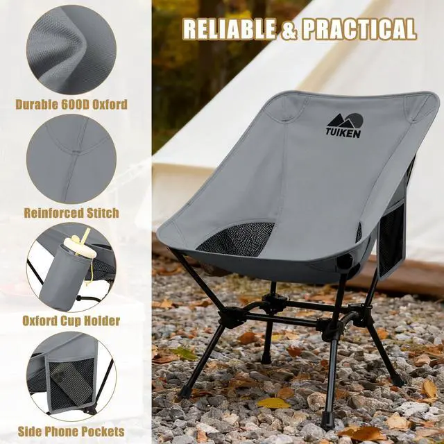 Alt view image 4 of 6 - Ultralight Camping Chair Backpacking Chair, Portable Camp Chair with Cup Holder & Storage Bag, Lightweight Compact Folding Chair for Hiking, Travel, Picnic Mountaineering-Grey