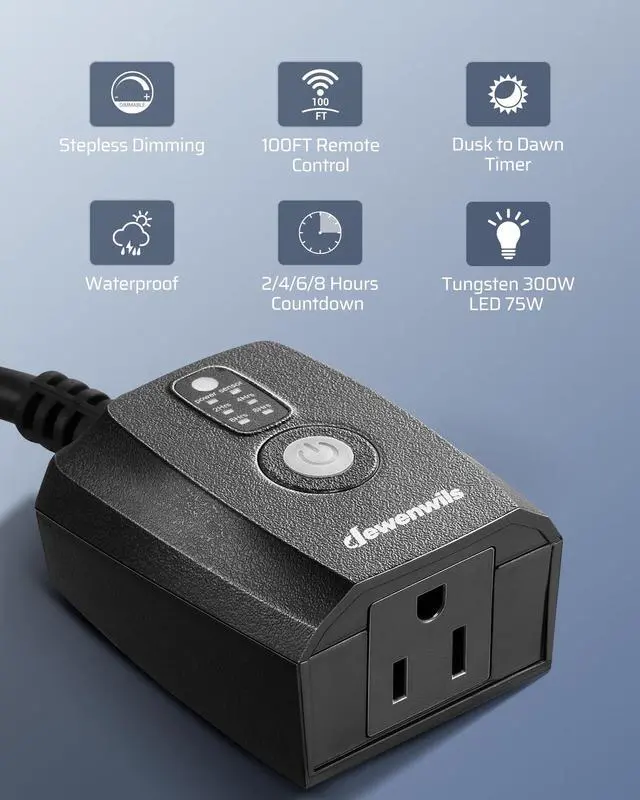 Alt view image 2 of 7 - Dusk to Dawn Dimmer, Wireless Remote Control, Waterproof Dimmable Plug with Timer, 100 FT Range, Outdoor Dimmer for String Light, Patio Lights