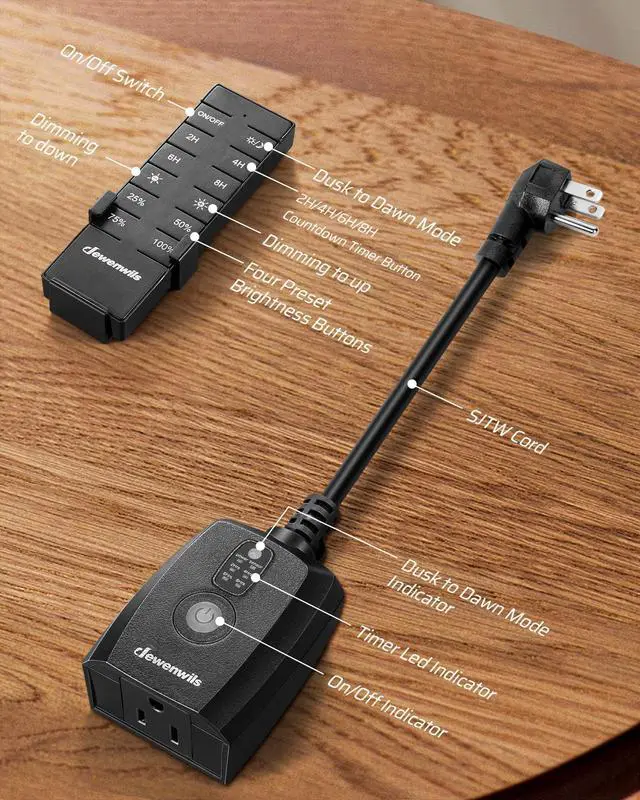 Alt view image 3 of 7 - Dusk to Dawn Dimmer, Wireless Remote Control, Waterproof Dimmable Plug with Timer, 100 FT Range, Outdoor Dimmer for String Light, Patio Lights